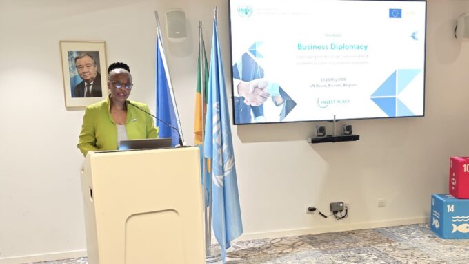 Mrs. Doreen Walsweer-Sore: Mrs. Doreen Walsweer-Sore, OACPS Expert for Summits and Implementation of the Samoa Agreement, delivers opening remarks on behalf of OACPS Secretary-General His Excellency Moussa Batraki at the third edition of the OACPS-UNIDO Business Diplomacy Training in Brussels, Belgium. Photo: OACPS Secretariat