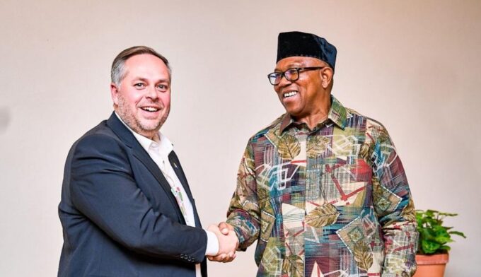 Former Anambra State Governor and 2023 Labour Party presidential candidate Peter Obi pictured with South African Minister of Home Affairs Leon Schreiber of the Democratic Alliance during talks in Cape Town on immigration and Nigeria-South Africa relations. Photo: X/@PeterObi