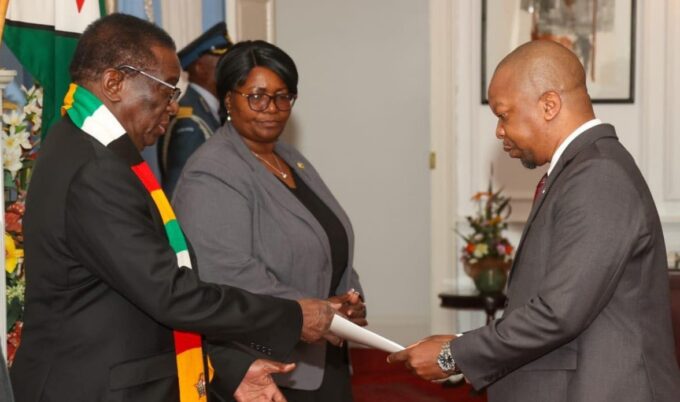 Lesotho's newly appointed Ambassador to Zimbabwe, His Excellency Ntsime Jafeta, presents his Letters of Credence to Zimbabwean President Emerson Dambudzo Mnangagwa at the State House in Harare on 28 May 2026. (Picture: Ministry of Foreign Affairs and International Relations Lesotho)