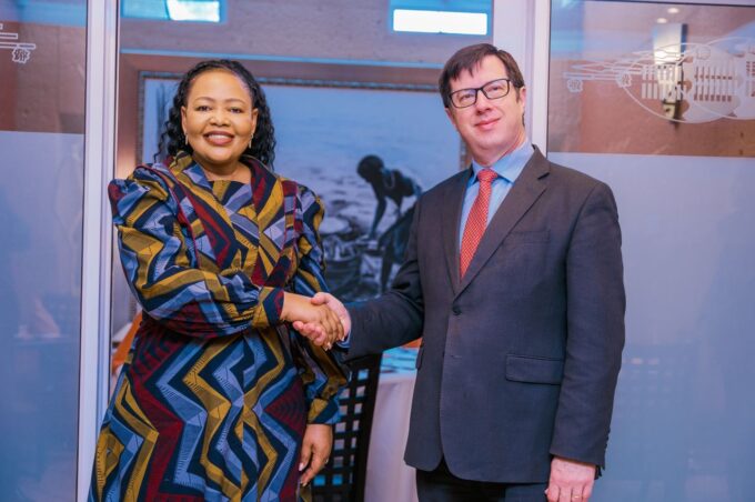 Minister of Foreign Affairs and International Cooperation Senator Pholile Shakantu and United Kingdom Special Envoy to the Commonwealth John Virgeo during their meeting in Mbabane