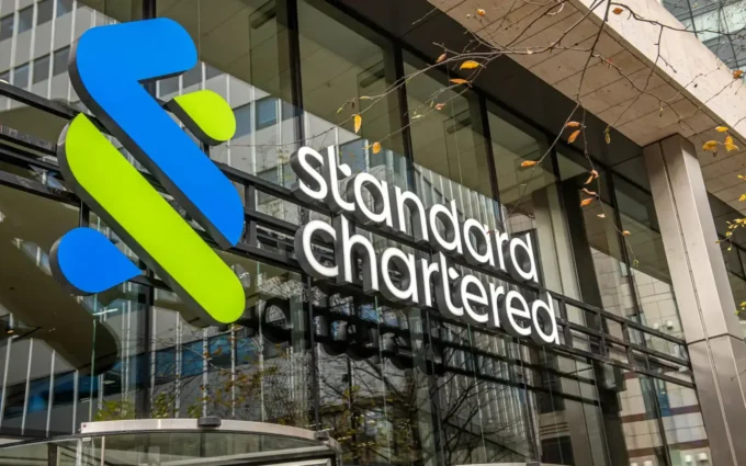 The Standard Chartered bank logo is seen at their headquarters in London, Britain