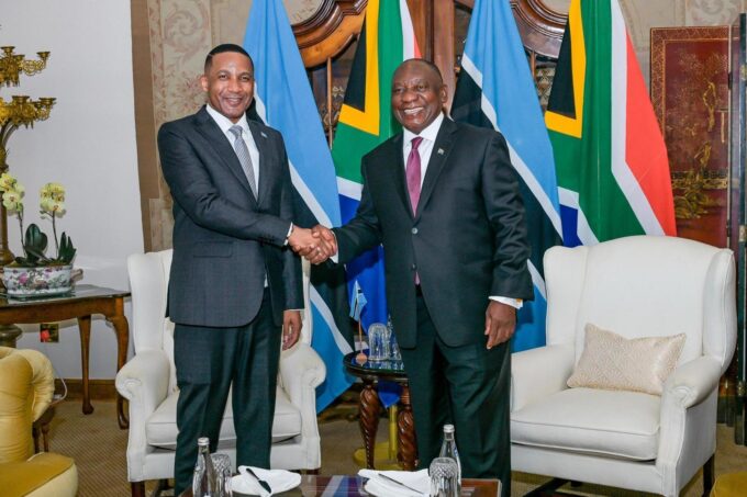 President Cyril Ramaphosa welcomes Botswana President Gideon Duma Boko at Mahlamba Ndlopfu, the official presidential residence in Pretoria, during Boko's first official working visit to South Africa following his victory in the 2024 general elections.