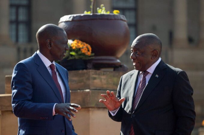 Kenyan President William Ruto and South African President Cyril Ramaphosa speak during the official welcome ceremony for Ruto's state visit, aimed at deepening economic, political, and strategic ties, at the Union Buildings in Pretoria, South Africa, June 4, 2026. REUTERS/Alet Pretorius