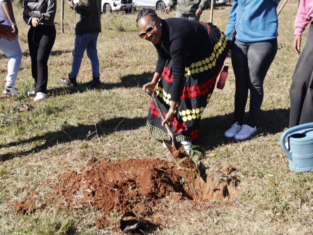 Participants plant trees at Dzanyana Primary School in the Mnyani community as part of World Environment Day 2026 activities focused on rangeland rehabilitation and environmental conservation. (Photo: Women Unlimited Eswatini)