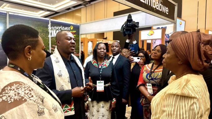 Zimbabwe Tourism Authority Chief Executive Officer Dr George Manyaya and Zimbabwe's Ambassador to Zambia Charity Charamba receive Zambian Vice President Mutale Nalumango at the Zimbabwe exhibition stand during the Zambia Travel Expo 2026. (Photo: Zimbabwe Tourism Authority)