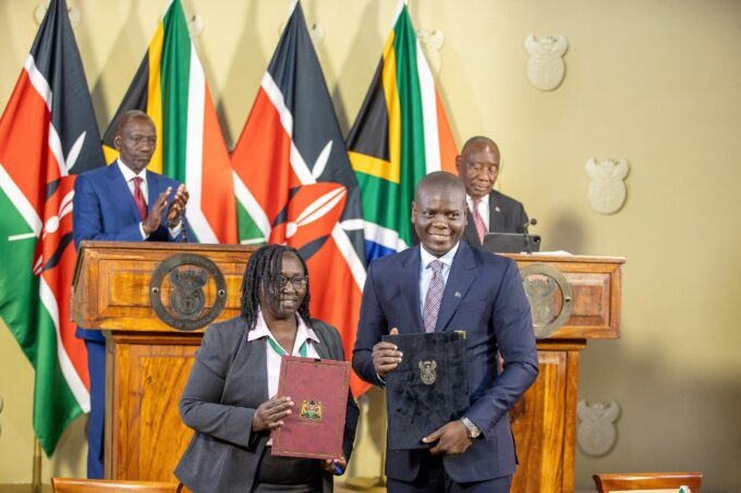 South Africa's Foreign Affairs Minister Ronald Lamola stands alongside his Kenyan counterpart as Presidents Cyril Ramaphosa and William Ruto look on during the State Visit in Pretoria. | Photo: X/@WilliamsRuto