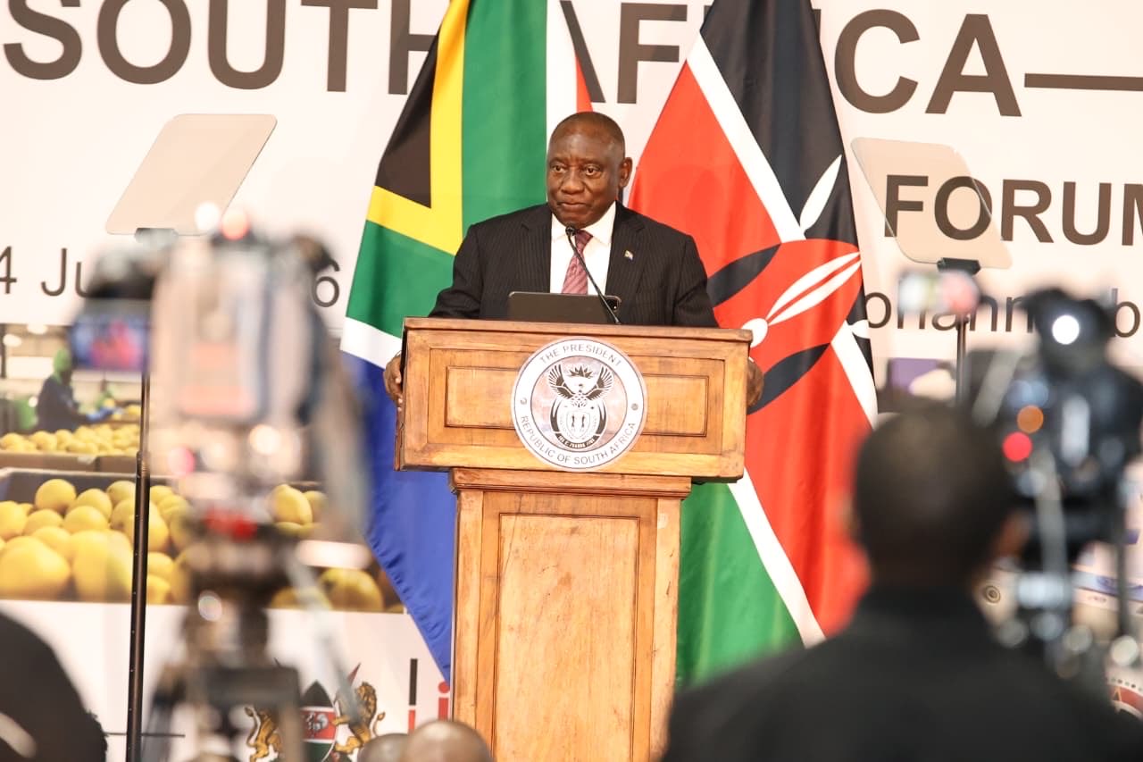 President Cyril Ramaphosa addresses the South Africa-Kenya Business Forum, where leaders pushed for stronger partnerships and increased intra-African trade to unlock economic opportunities for businesses and entrepreneurs across the continent. | Photo: X/@PresidencyZA