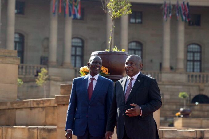 Kenyan President William Ruto and South African President Cyril Ramaphosa speak during the official welcome ceremony for Ruto's state visit, aimed at deepening economic, political, and strategic ties, at the Union Buildings in Pretoria, South Africa, June 4, 2026. REUTERS/Alet Pretorius