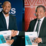 ERS Commissioner General and UNESWA Vice Chancellor Professor Justice M. Thwala exchange signed copies of the Memorandum of Understanding formalising a partnership to deliver specialised AI training for ERS employees through the UNESWA AI Academy. | Photo: ERS