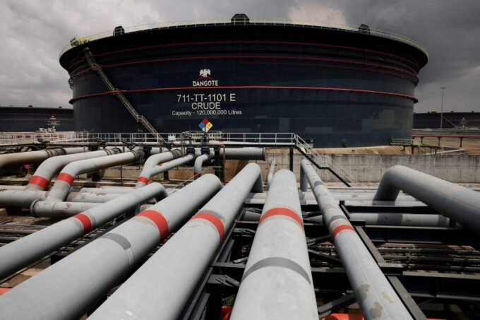 A Dangote crude oil tank is seen inside the Dangote Industries oil refinery and fertilizer plant site in the Ibeju Lekki district of Lagos, Nigeria March 2, 2026. REUTERS/Sodiq Adelakun/File Photo