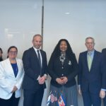 Eswatini Foreign Affairs Minister Senator Pholile Shakantu poses for a photograph with American Jewish Committee Chairman Michael Feldstein and AJC Africa Institute Director Wayne Sussman following their meeting.