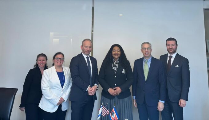 Eswatini Foreign Affairs Minister Senator Pholile Shakantu poses for a photograph with American Jewish Committee Chairman Michael Feldstein and AJC Africa Institute Director Wayne Sussman following their meeting.