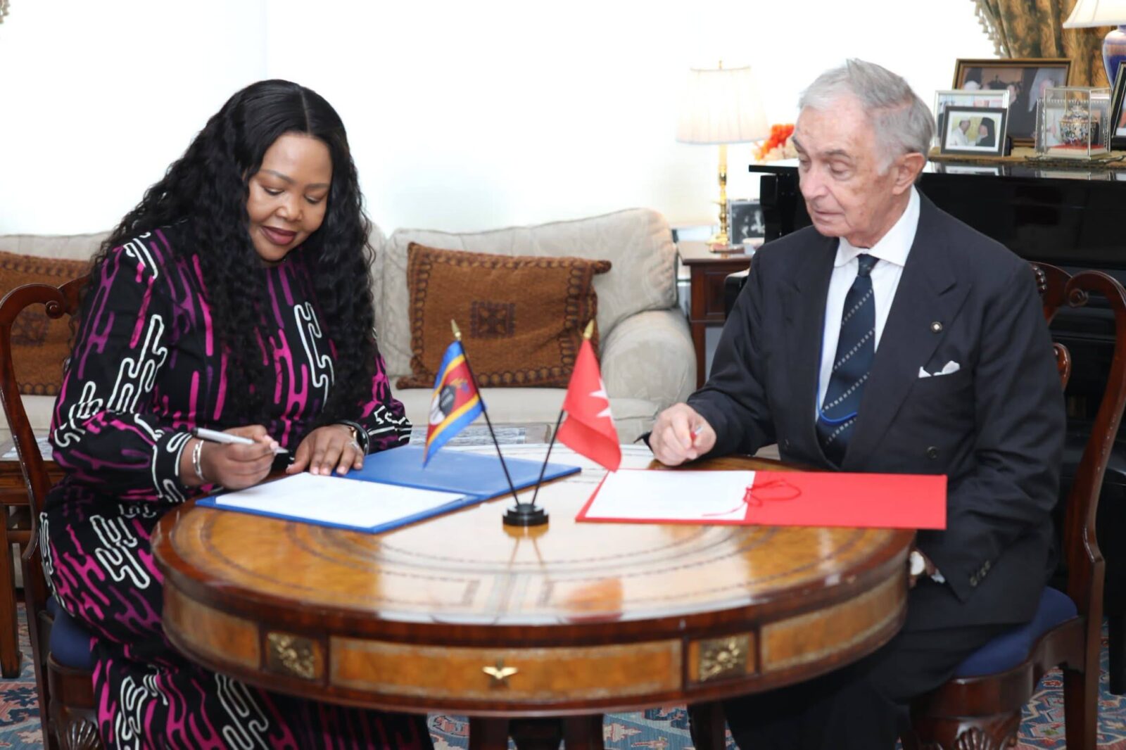Eswatini Minister of Foreign Affairs and International Cooperation Senator Pholile Shakantu and Sovereign Military Order of Malta Grand Counsellor H.E. Riccardo Paternò di Montecupo sign the diplomatic declaration in New York on the sidelines of the 81st United Nations General Assembly. Photo: Eswatini Government