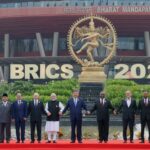 BRICS leaders pose for a group photograph during the 18th BRICS Leaders’ Summit at Bharat Mandapam in New Delhi, India