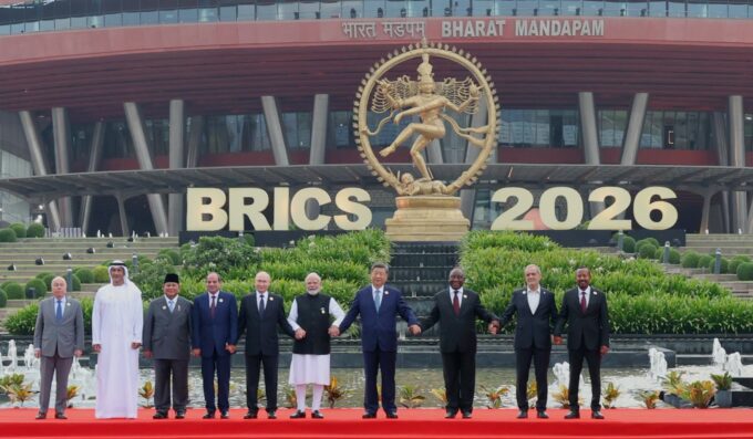 BRICS leaders pose for a group photograph during the 18th BRICS Leaders’ Summit at Bharat Mandapam in New Delhi, India