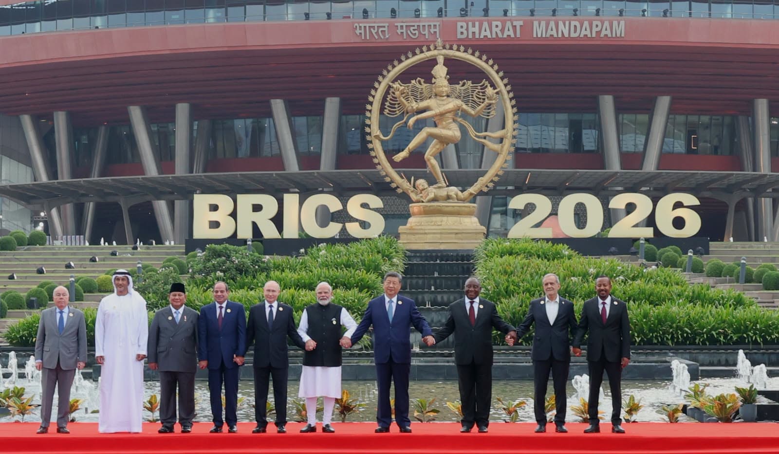 BRICS leaders pose for a group photograph during the 18th BRICS Leaders’ Summit at Bharat Mandapam in New Delhi, India