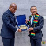 Ghana’s Foreign Affairs Minister Samuel Okudzeto Ablakwa presents an award to Japanese astronaut Dr Koichi Wakata during his visit to the Ministry of Foreign Affairs in Accra. Photo: Ministry of Foreign Affairs, Ghana