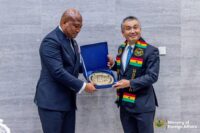 Ghana’s Foreign Affairs Minister Samuel Okudzeto Ablakwa presents an award to Japanese astronaut Dr Koichi Wakata during his visit to the Ministry of Foreign Affairs in Accra. Photo: Ministry of Foreign Affairs, Ghana