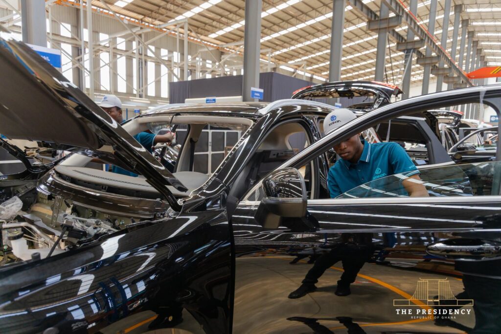 A Zonda Tec Ghana Limited worker carries out production work on a vehicle at the assembly plant in Tema, as the facility creates opportunities for local skills development and employment in Ghana’s automotive sector.