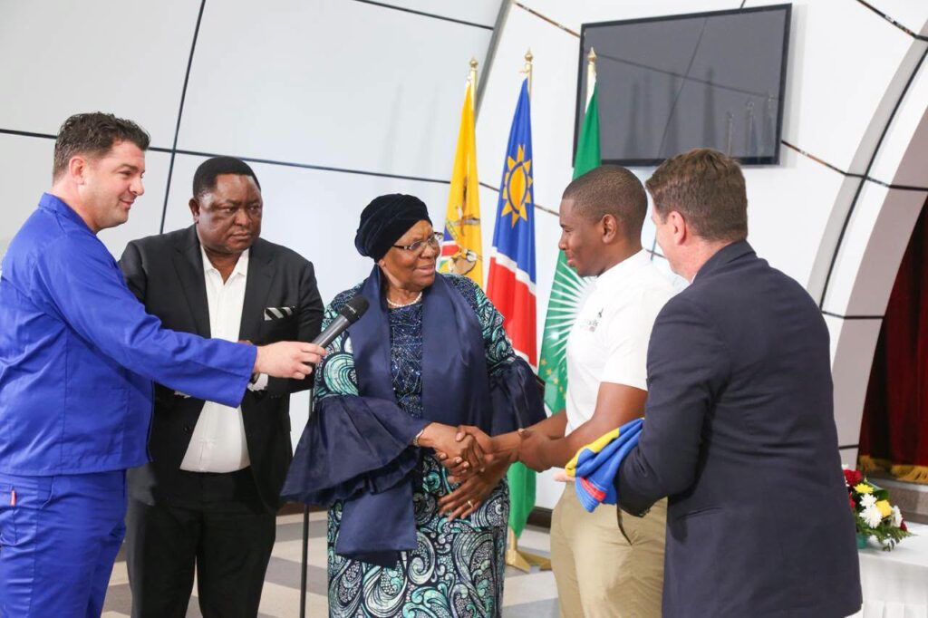 President Netumbo Nandi Ndaitwah poses with one of the young Namibian competitors who will represent the country at the 48th WorldSkills Competition in Shanghai, China. Photo: Namibian Presidency