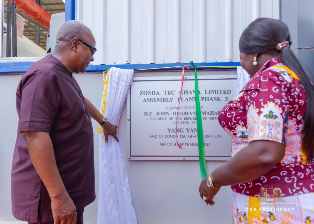 Ghanaian President John Dramani Mahama unveils a commemorative plaque during the opening of the expanded Zonda Tec Ghana Limited Assembly Plant in Tema, marking the latest expansion of Ghana’s automotive manufacturing capacity.