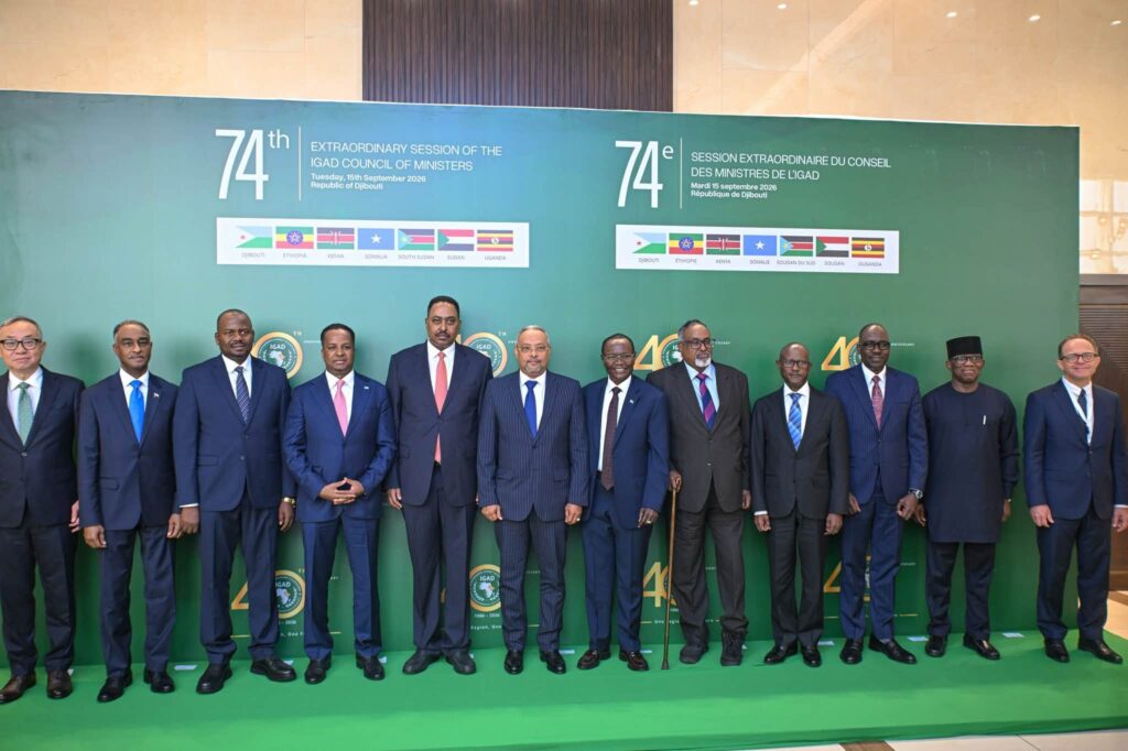 Somalia’s Minister of Foreign Affairs and International Cooperation Abdisalam Ali poses for a group photograph with fellow IGAD foreign ministers and delegates in Djibouti on September 15, 2026, during the 74th Extraordinary Session of the IGAD Council of Ministers of Foreign Affairs.