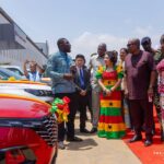 President John Dramani Mahama engages with members of the media during a tour of the expanded Zonda Tec Ghana Limited Assembly Plant in Tema, where he inspected the facility and its vehicle production operations.