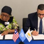 Liberian Foreign Minister Sara Beysolow Nyanti and Cyprus Foreign Minister Constantinos Kombos sign the Memorandum of Understanding on Political Consultations during their bilateral meeting in New York. Photo: Liberia Ministry of Foreign Affairs