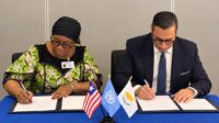 Liberian Foreign Minister Sara Beysolow Nyanti and Cyprus Foreign Minister Constantinos Kombos sign the Memorandum of Understanding on Political Consultations during their bilateral meeting in New York. Photo: Liberia Ministry of Foreign Affairs