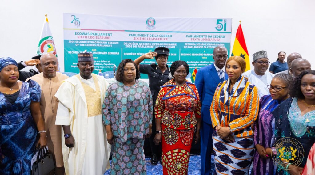 Ghana’s Vice President Naana Jane Opoku Agyemang poses with senior officials and other VIP delegates during the ECOWAS Parliament’s Second Extraordinary Session and Second Parliamentary Seminar of 2026 in Accra. Photo: X/@NJOAgyemang