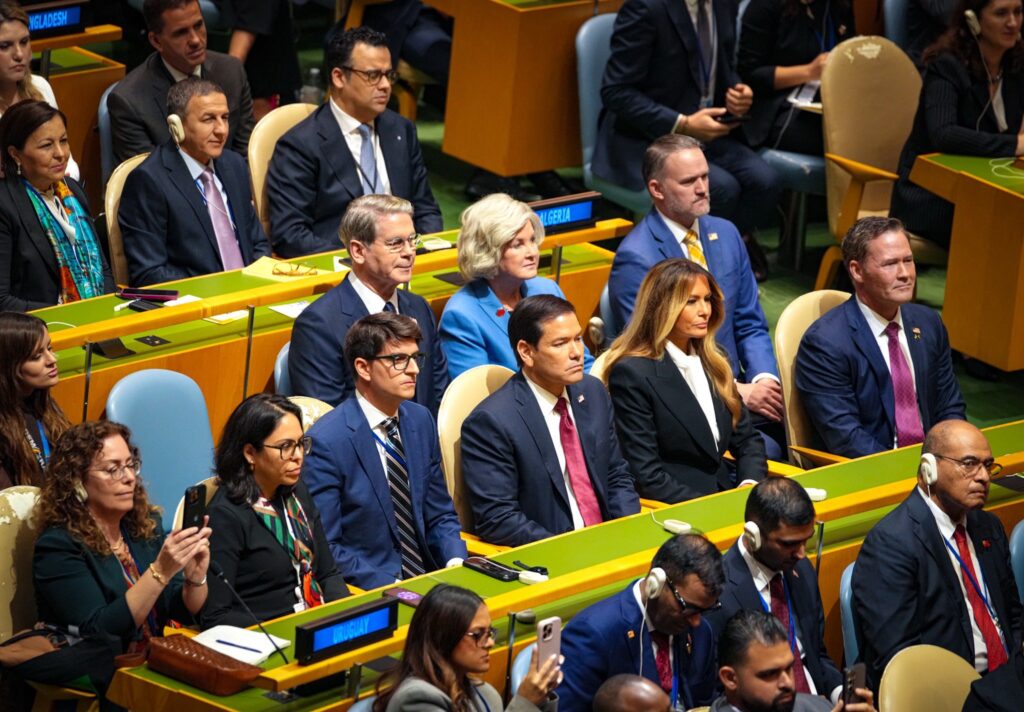 US First Lady Melania Trump sits with the US Secretary of State Marco Rubio at the 81st Session of the United Nations General Assembly.