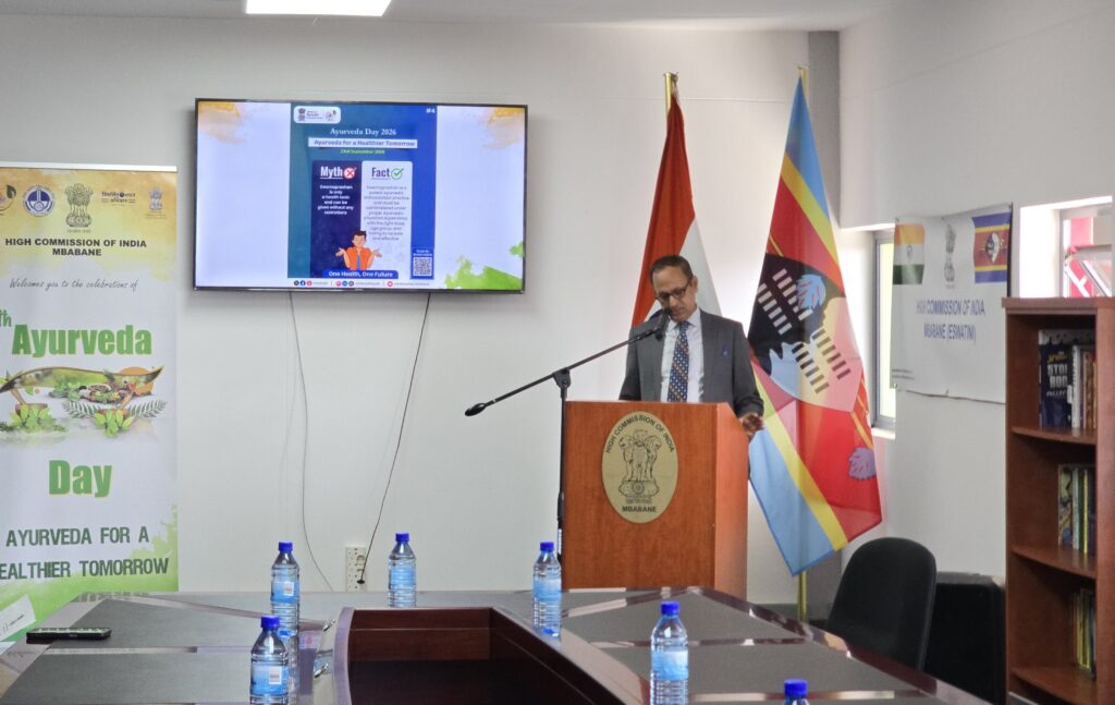 India’s Chargé d’Affaires Shri Ajay Kumar Sharma addresses guests during the 11th Ayurveda Day celebration in Mbabane. Photo: X/@IndiaEswatini
