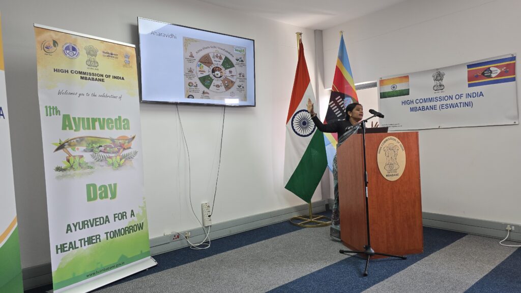 Dr Swapnika Enagula delivers a presentation on the science of Ayurveda during the 11th Ayurveda Day celebration in Mbabane. Photo: X/@IndiaEswatini