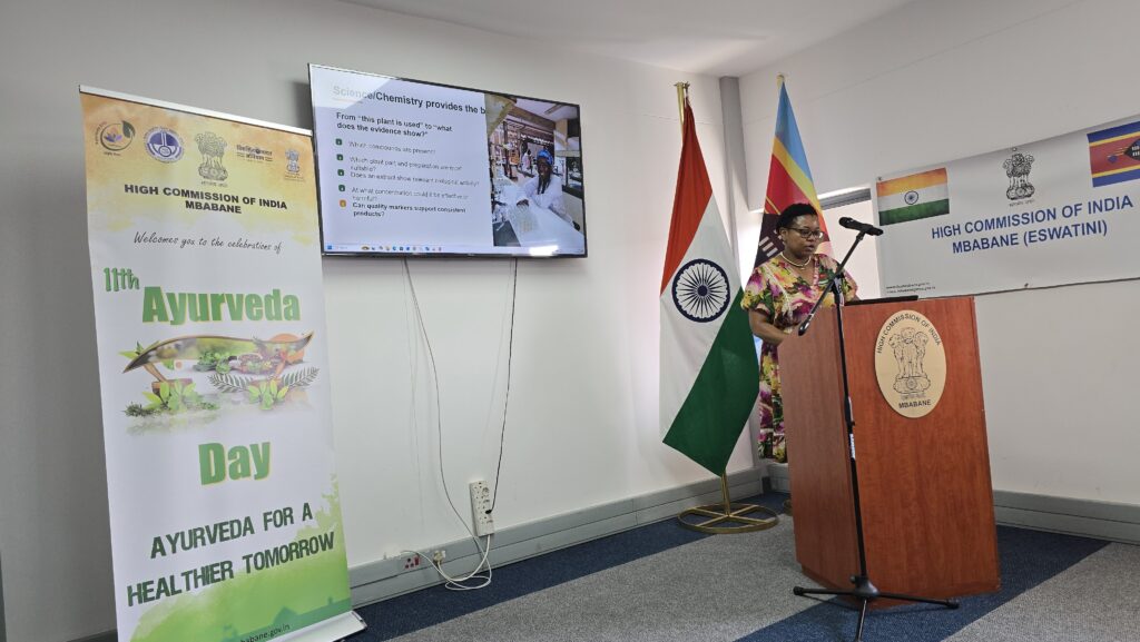 Dr Thabile Ndlovu of the University of Eswatini addresses guests during the 11th Ayurveda Day celebration in Mbabane. Photo: X/@IndiaEswatini