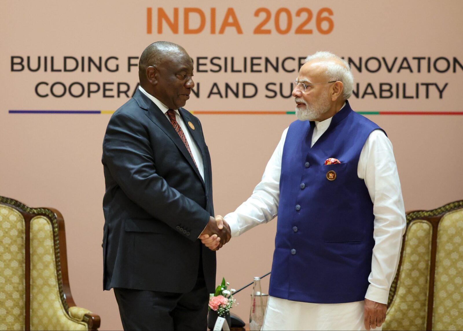 South African President Cyril Ramaphosa and Indian Prime Minister Narendra Modi shake hands during their meeting in New Delhi. Photo credit: X/@MEAIndia