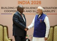South African President Cyril Ramaphosa and Indian Prime Minister Narendra Modi shake hands during their meeting in New Delhi. Photo credit: X/@MEAIndia