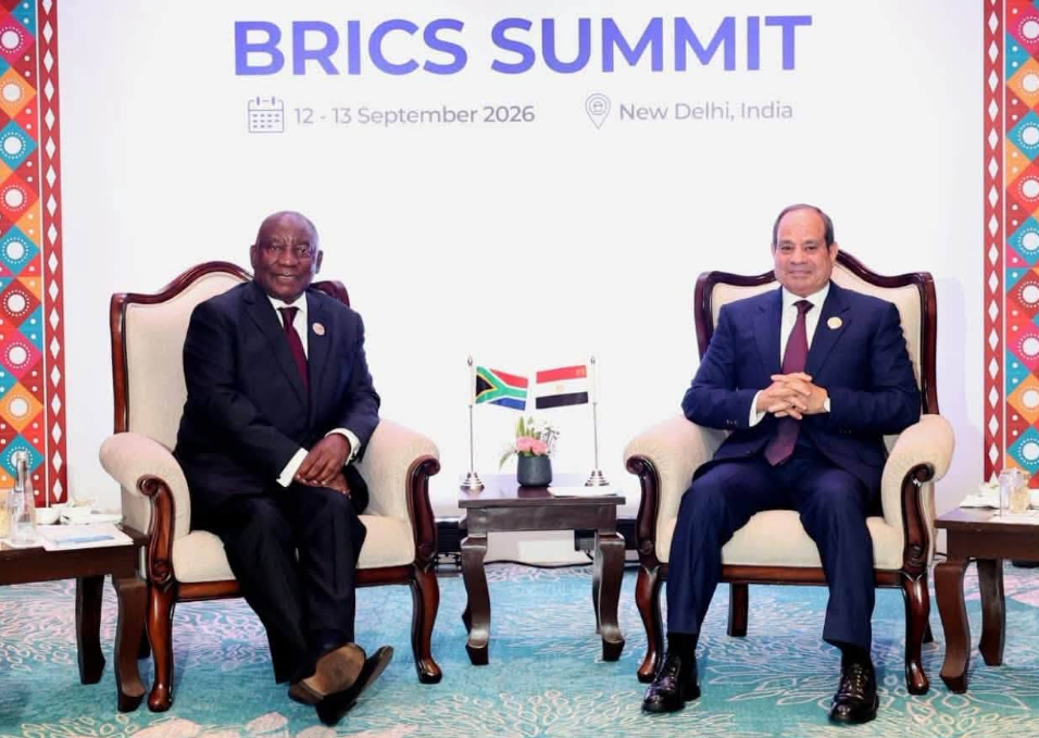 Egyptian President Abdel Fattah El Sisi and South African President Cyril Ramaphosa during their bilateral meeting on the sidelines of the 18th BRICS Summit in New Delhi, India, where they discussed stronger bilateral relations, trade, continental connectivity and African cooperation. Photo credit: Egyptian Presidency
