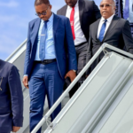 Zimbabwean President Emmerson Mnangagwa walks down the aircraft steps after arriving in New York ahead of the 81st United Nations General Assembly. Photo: X/@MoFA_ZW.