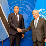President Duma Boko shakes hands with UN Secretary General António Guterres during their meeting in New York, where they discussed stronger cooperation between the United Nations, Botswana and SADC.