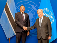 President Duma Boko shakes hands with UN Secretary General António Guterres during their meeting in New York, where they discussed stronger cooperation between the United Nations, Botswana and SADC.