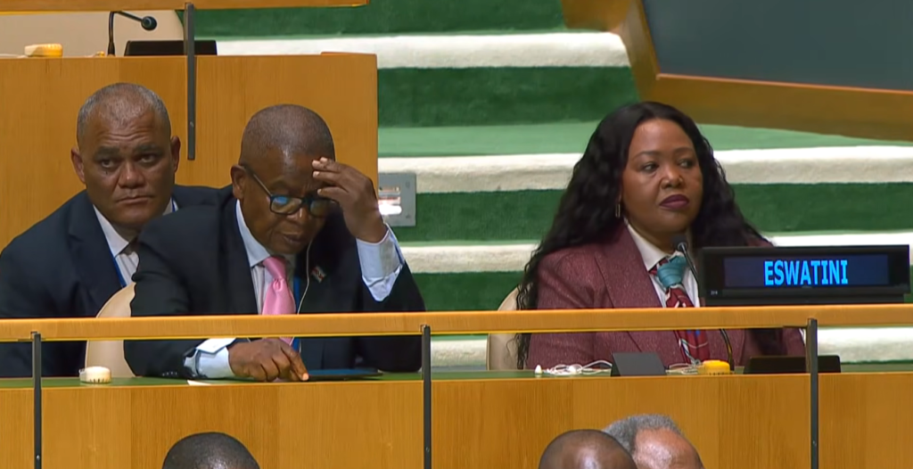 Eswatini Minister of Foreign Affairs and International Cooperation Pholile Shakantu listens as King Mswati III delivers his address during the 81st United Nations General Assembly in New York.
