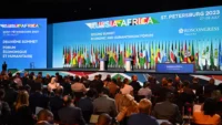 Leaders and delegates at the previous Russia Africa Summit, discussing trade, investment and cooperation between Russia and African countries.