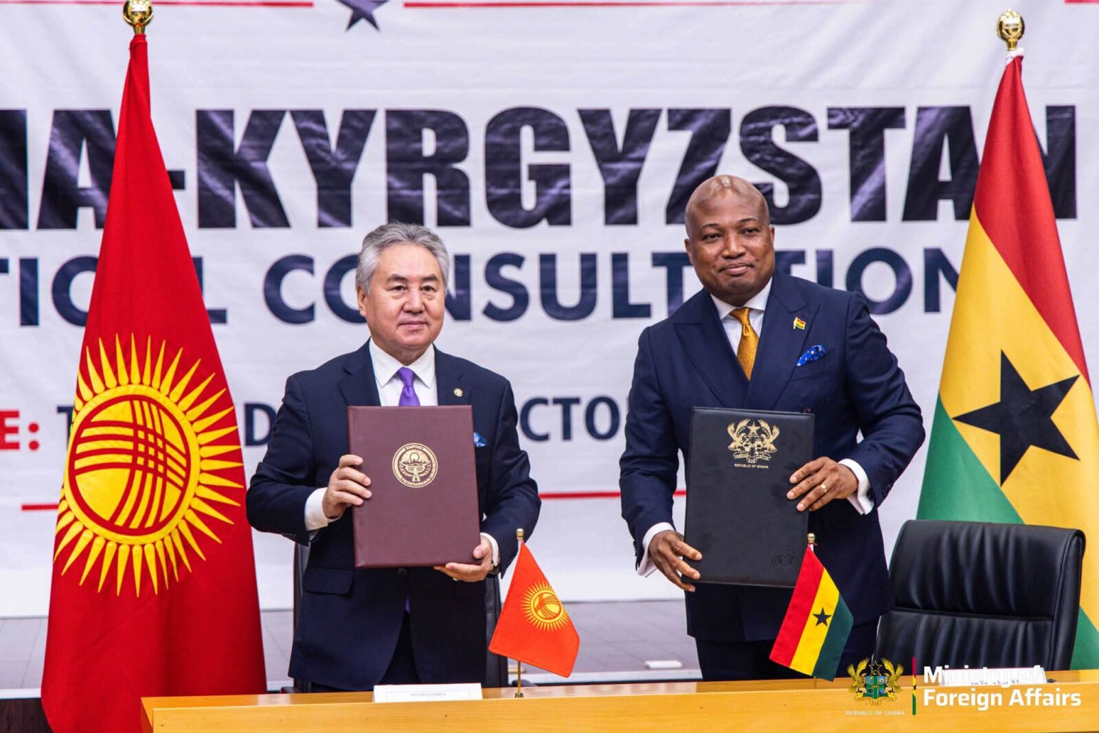 Ghanaian Foreign Affairs Minister Samuel Okudzeto Ablakwa meets his Kyrgyz counterpart, Zheenbek Kulubaev, during the inaugural Ghana Kyrgyzstan Political Consultations in Accra.