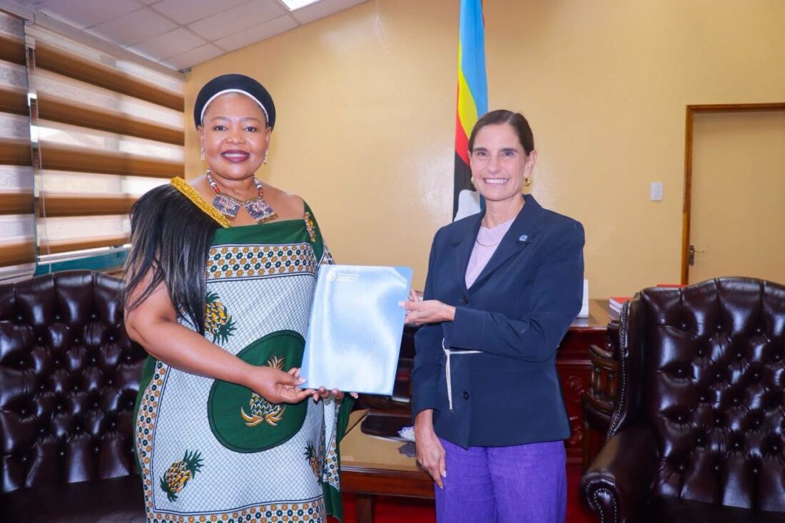 Foreign Affairs Minister Senator Pholile Shakantu receives the credentials of Rosanne Marchesich, the newly appointed FAO Representative in Eswatini, during a ceremony in Mbabane.