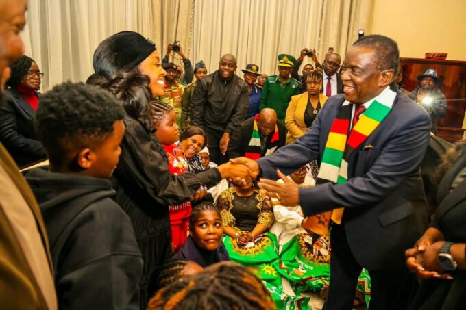 Zimbabwean President Emmerson Mnangagwa meets members of the Chivayo family at their home in Gletwyn, Harare