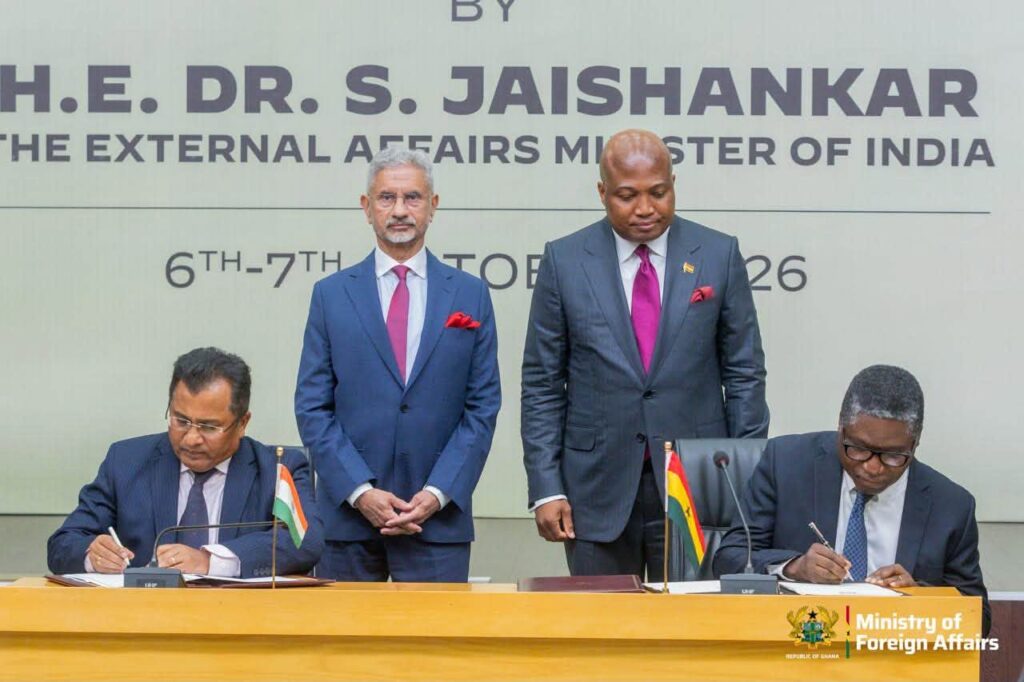 Ghana’s Foreign Affairs Minister Samuel Okudzeto Ablakwa and India’s External Affairs Minister Dr Subrahmanyam Jaishankar oversee the signing of agreements between Ghanaian and Indian officials covering agricultural research, education and biodiversity cooperation.