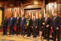 Zimbabwean President Emmerson Mnangagwa during talks with the leadership of PSB Bank and Rossotrudnichestvo on the sidelines of the Third Russia-Africa Summit in Moscow. Photo: Supplied