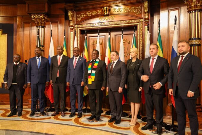 Zimbabwean President Emmerson Mnangagwa during talks with the leadership of PSB Bank and Rossotrudnichestvo on the sidelines of the Third Russia-Africa Summit in Moscow. Photo: Supplied