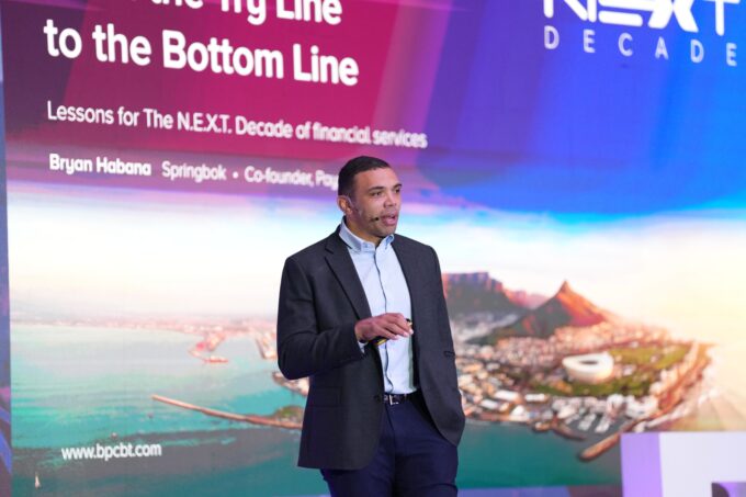 Springbok legend and Paymenow co-founder Bryan Habana addresses delegates at the BPC Client Conference at the Westin Hotel in Cape Town on Wednesday, 21 October 2026. (Photo: Johann Botha)