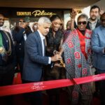 Mayor of London Sadiq Khan cuts the ribbon to open EbonyLife Place near Nine Elms in south-west London, alongside its founder, Nigerian media entrepreneur Mo Abudu.